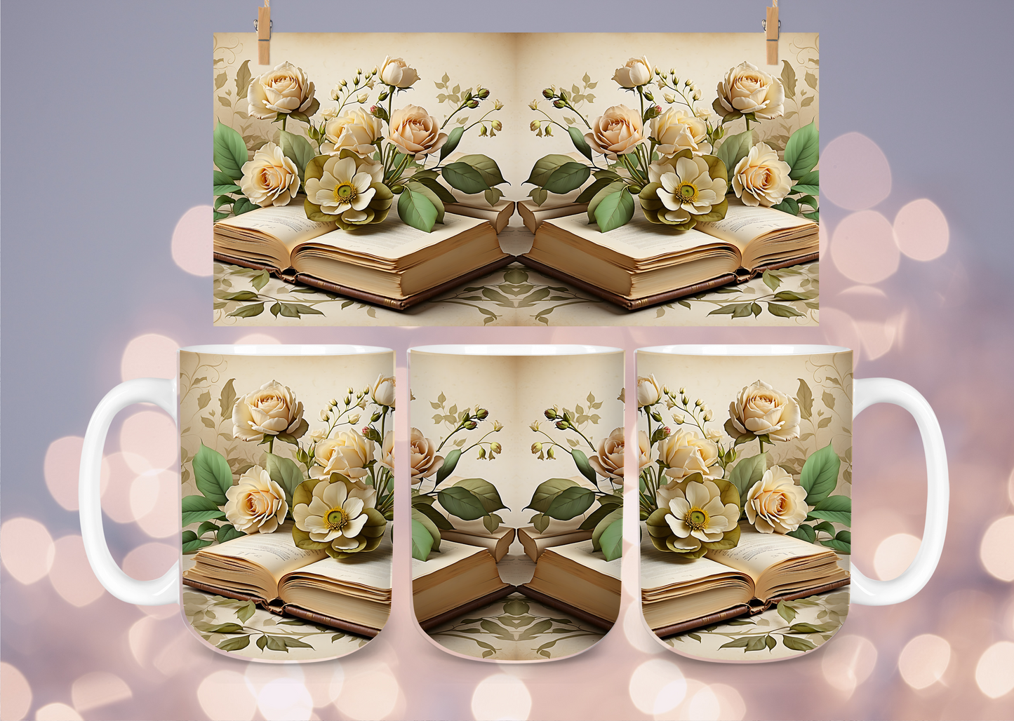 15 oz vintage books and flowers lover ceramic mug