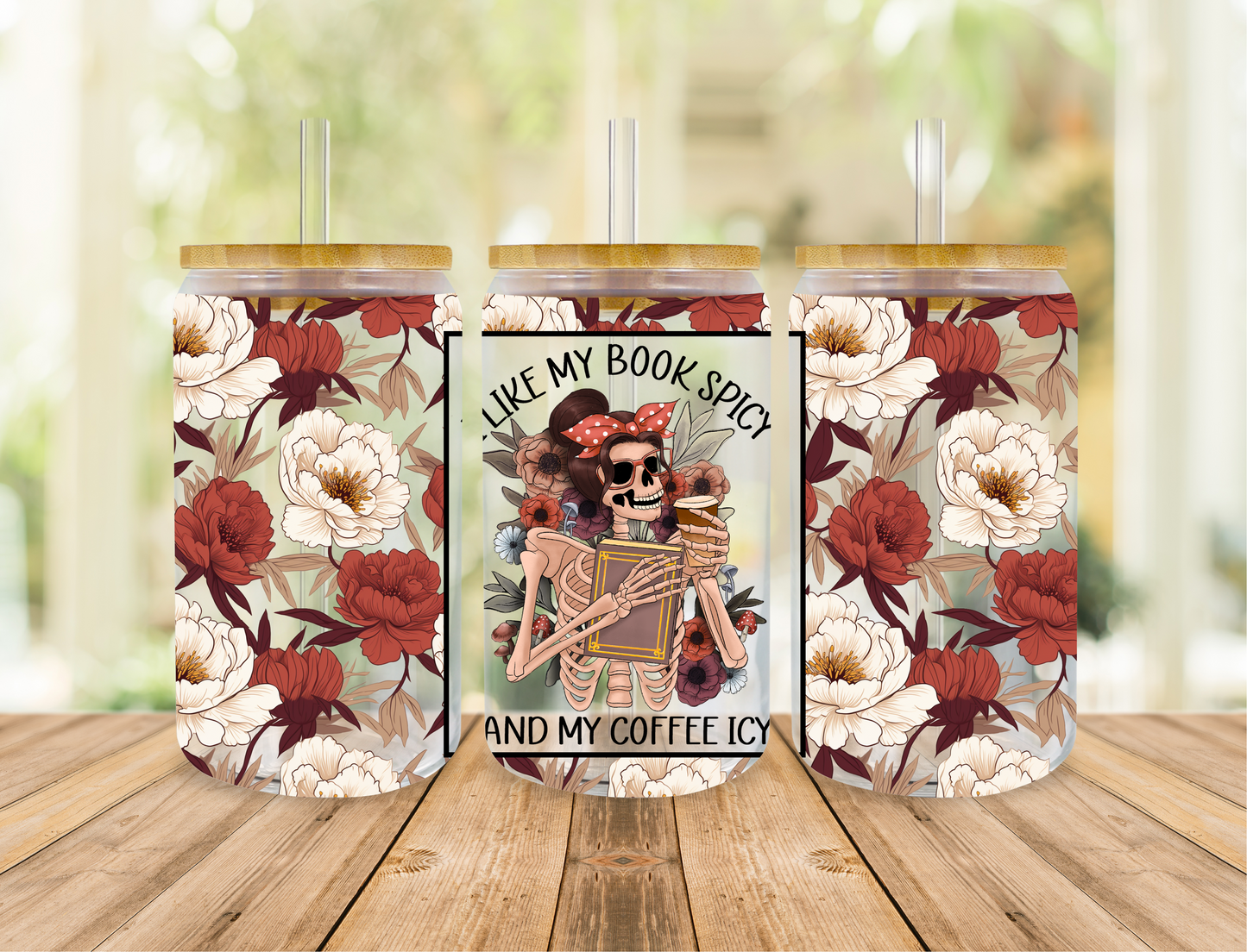 16 oz Frosted Glass Can Cup - Skeleton Coffee and Flowers
