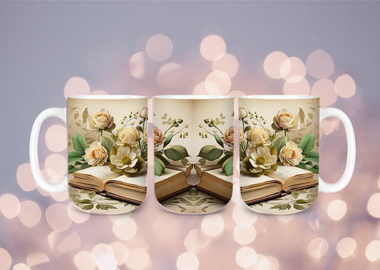 15 oz vintage books and flowers lover ceramic mug