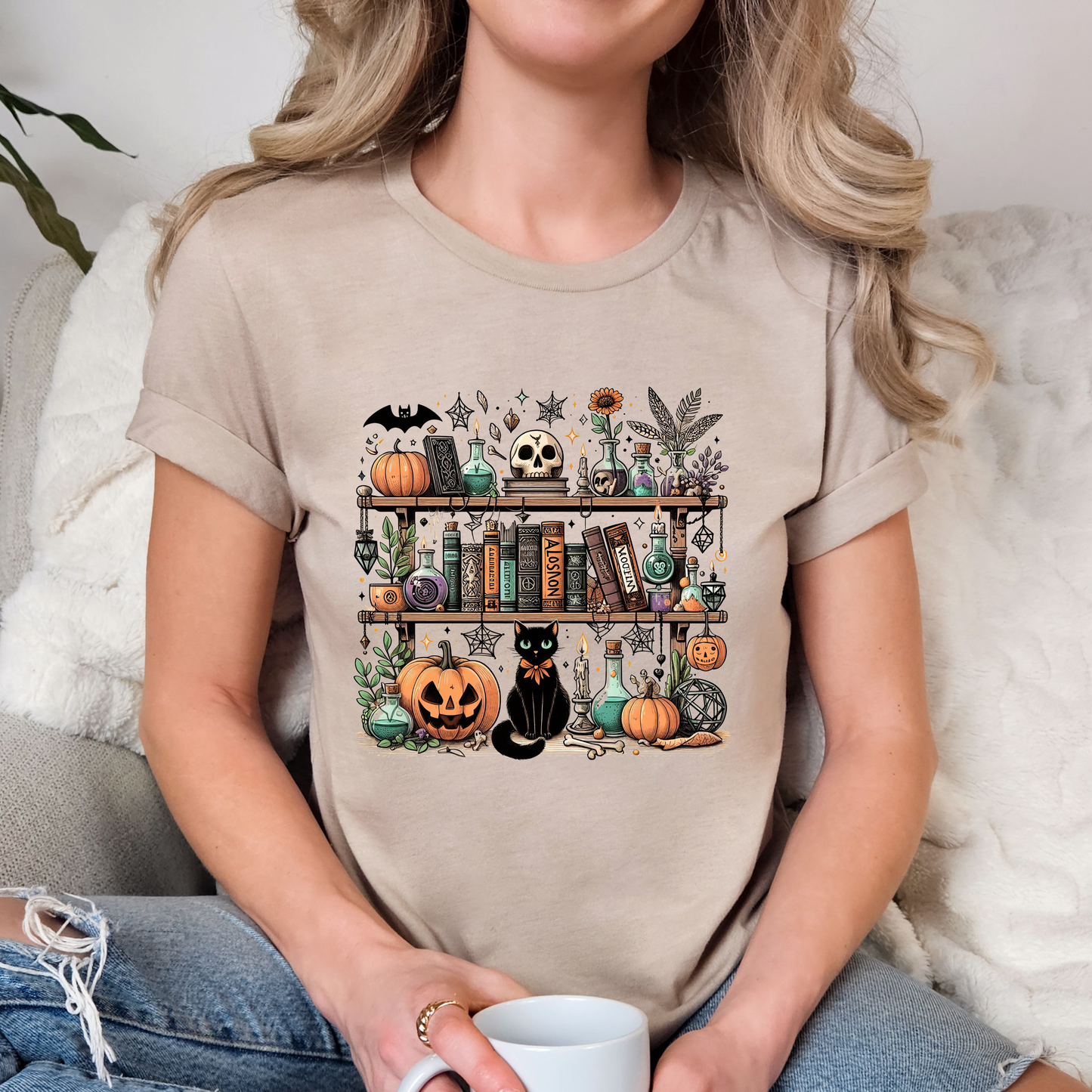 Cat, Skull, Pumpkin Spooky Bookshelf Sweatshirt/Tshirt