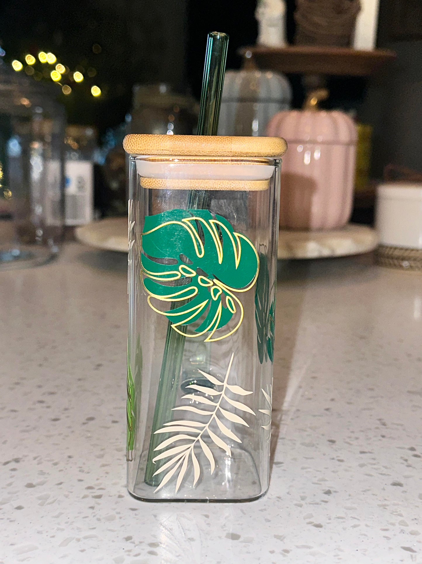 15oz Square Glass Cup with Monstera Leaves