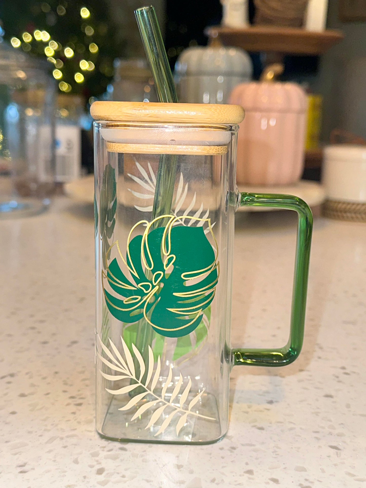 15oz Square Glass Cup with Monstera Leaves