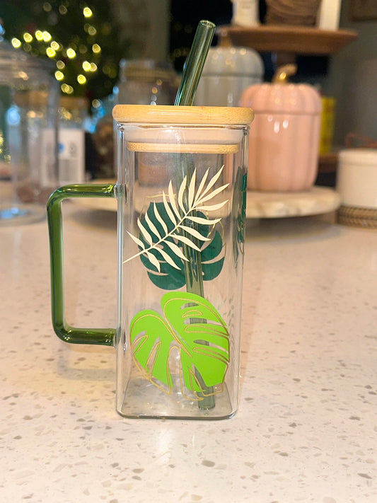 15oz Square Glass Cup with Monstera Leaves