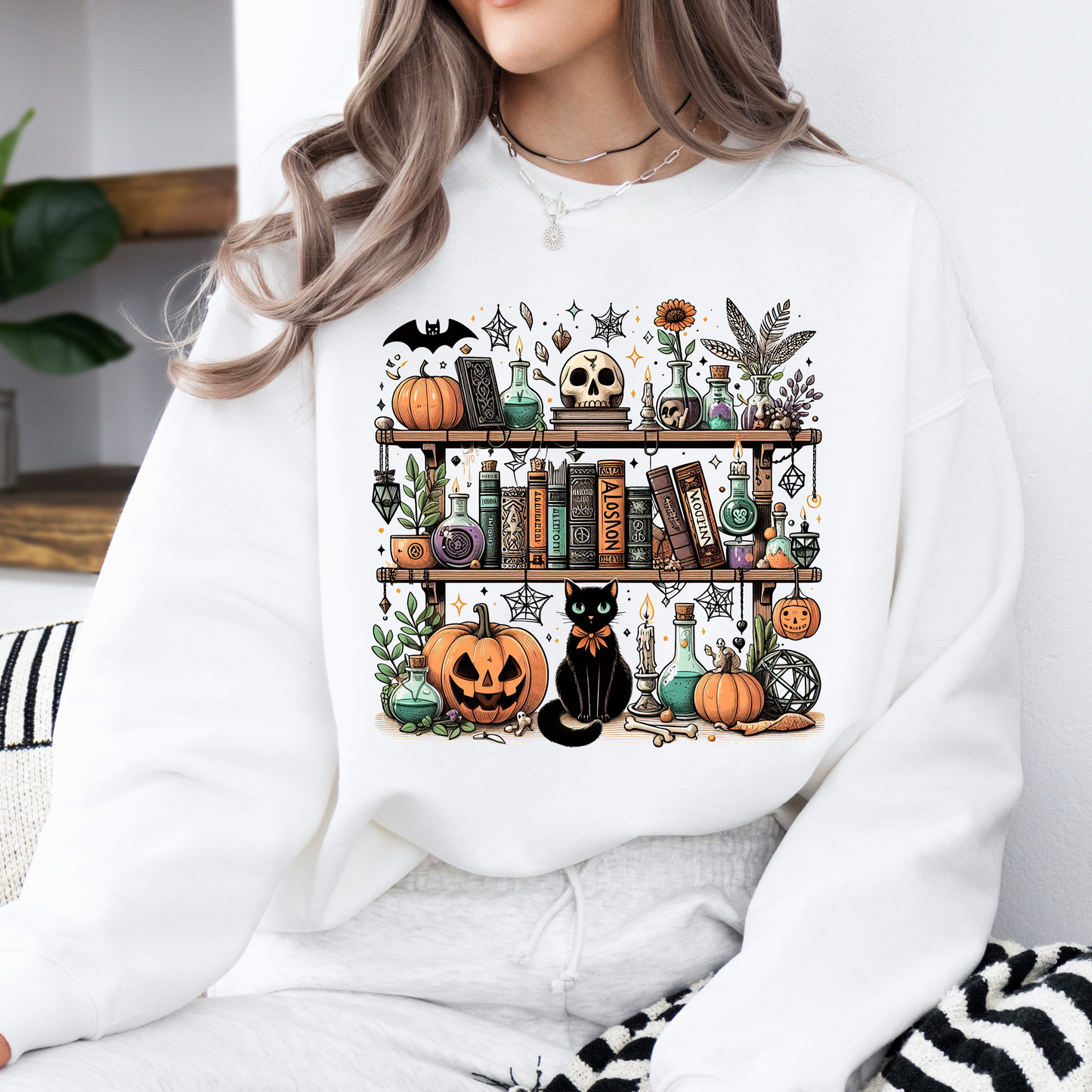 Cat, Skull, Pumpkin Spooky Bookshelf Sweatshirt/Tshirt