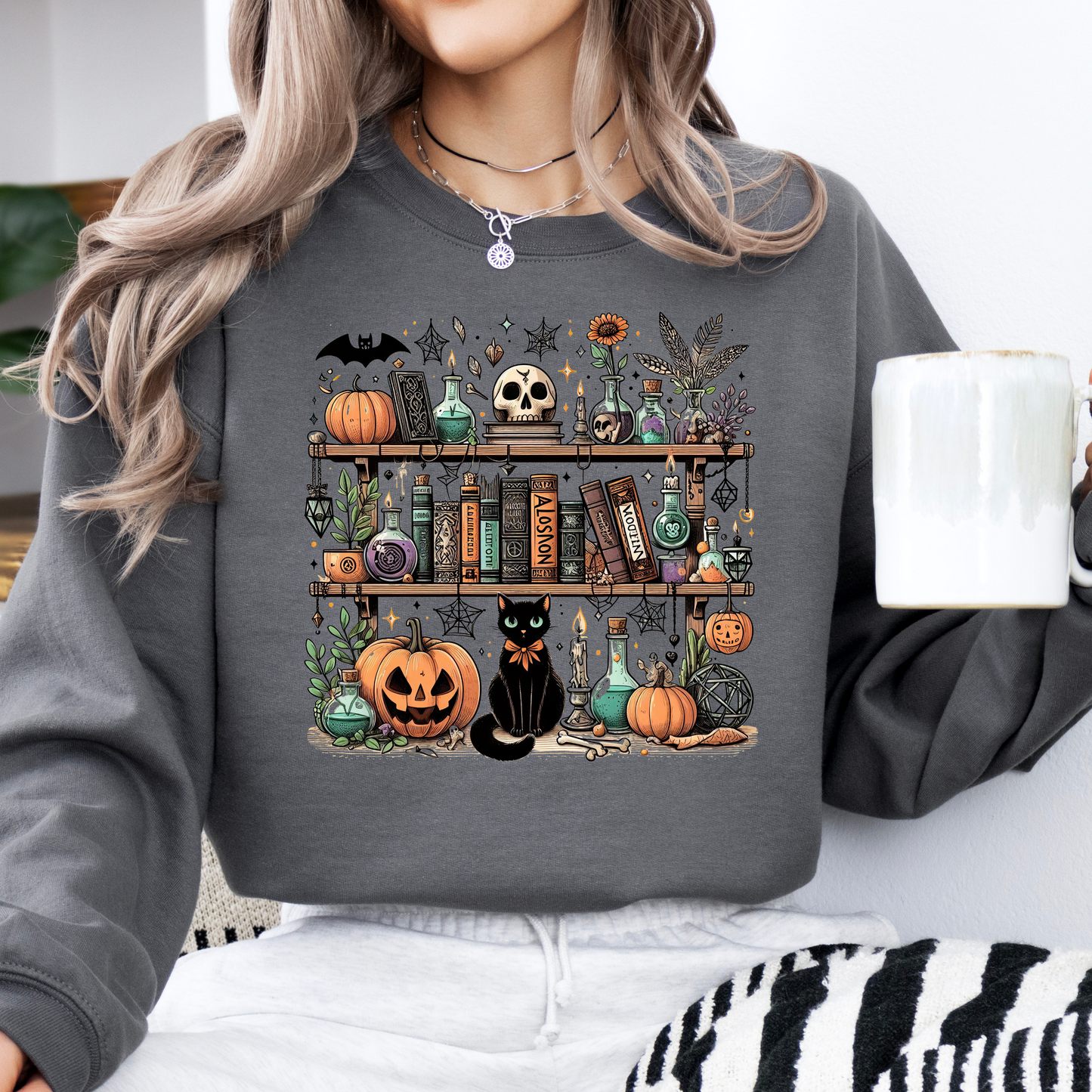 Cat, Skull, Pumpkin Spooky Bookshelf Sweatshirt/Tshirt