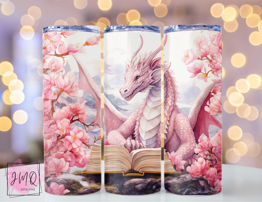 20 oz Skinny Tumbler Books and Pink Dragon