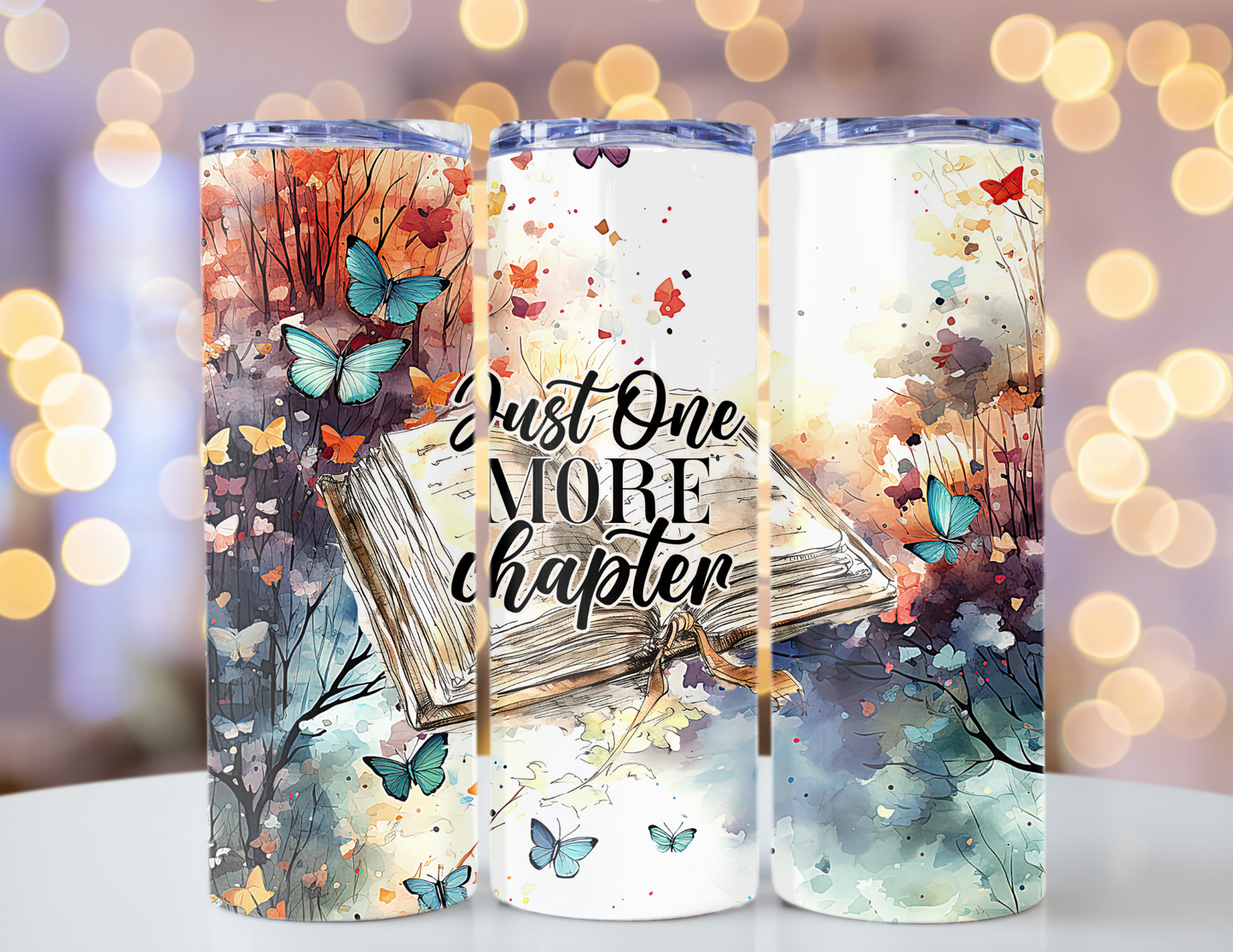 20 oz Skinny Tumbler Just One More Chapter Watercolor