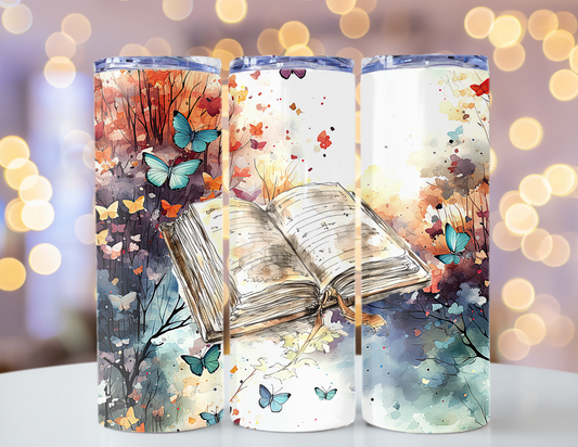 20 oz Skinny Tumbler Watercolor book Scene