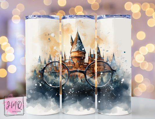 20 oz Skinny Tumbler - Harry Potter Watercolor Glasses and Hogwarts