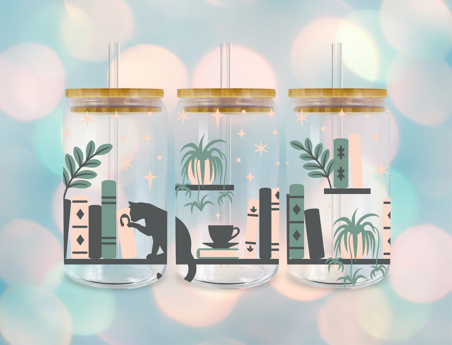 16 oz Frosted Glass Can Cup - Boho Bookshelf with Plants and Cat