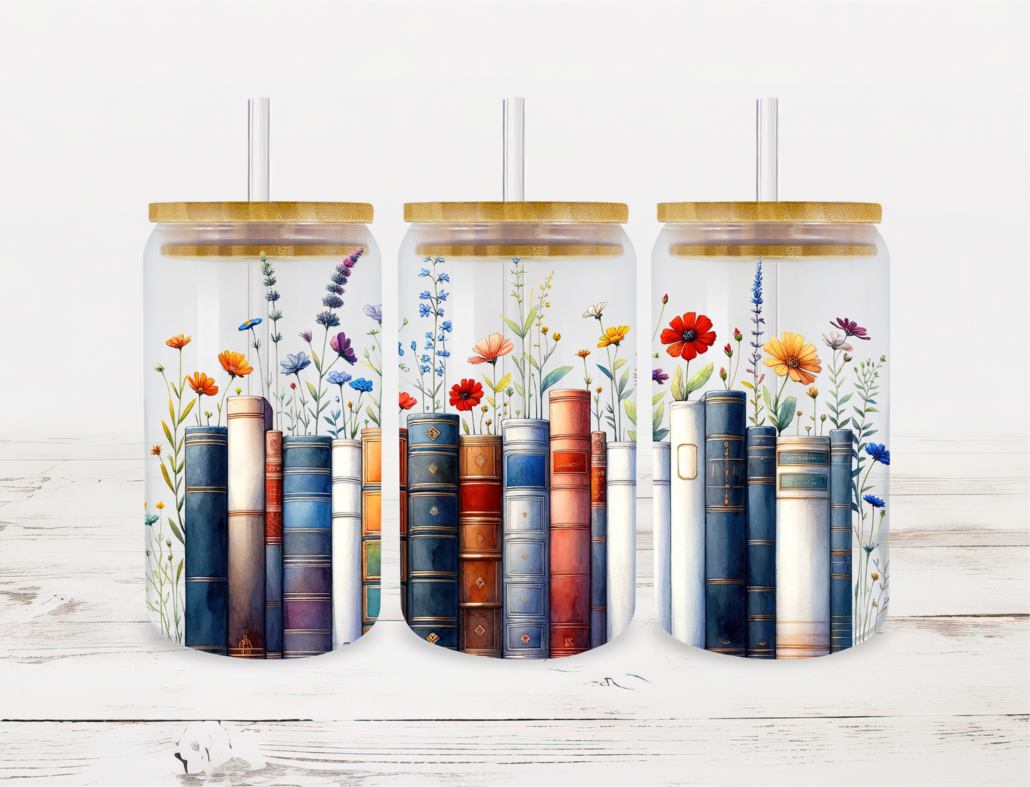 16 oz Frosted Glass Can Cup - Blue Books and Flowers