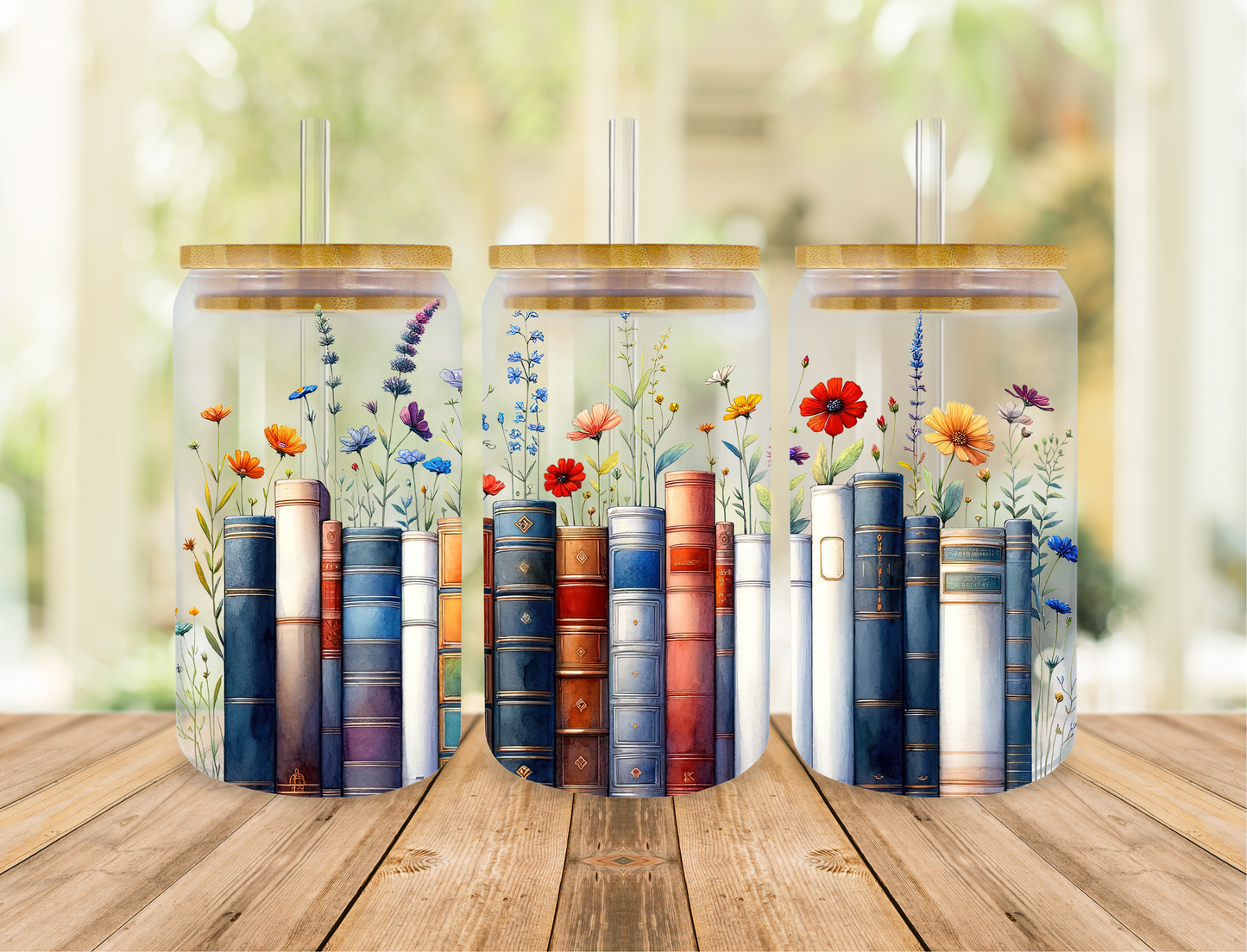 16 oz Frosted Glass Can Cup - Blue Books and Flowers