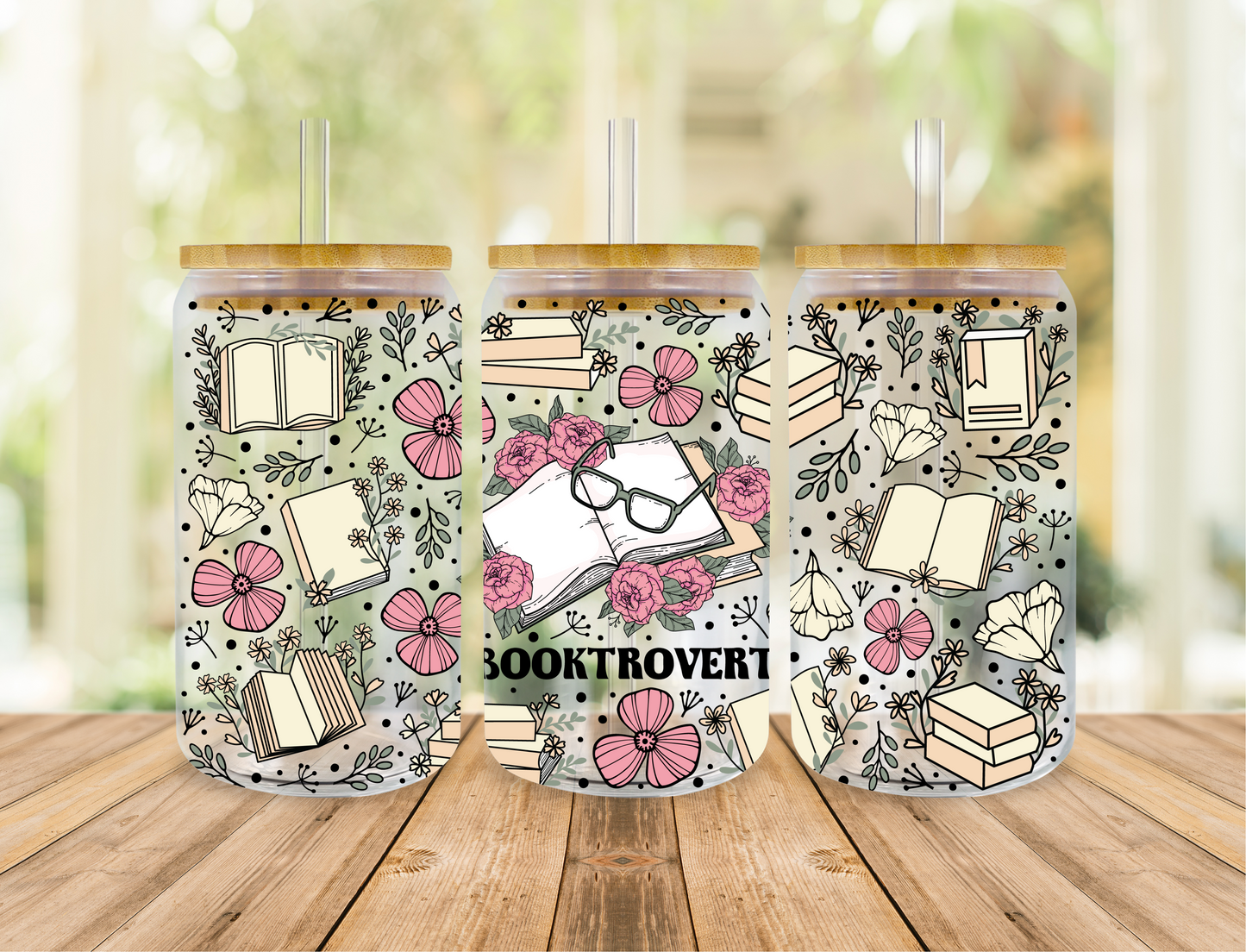 16 oz Frosted Glass Can Cup - Books, Flowers and Glasses