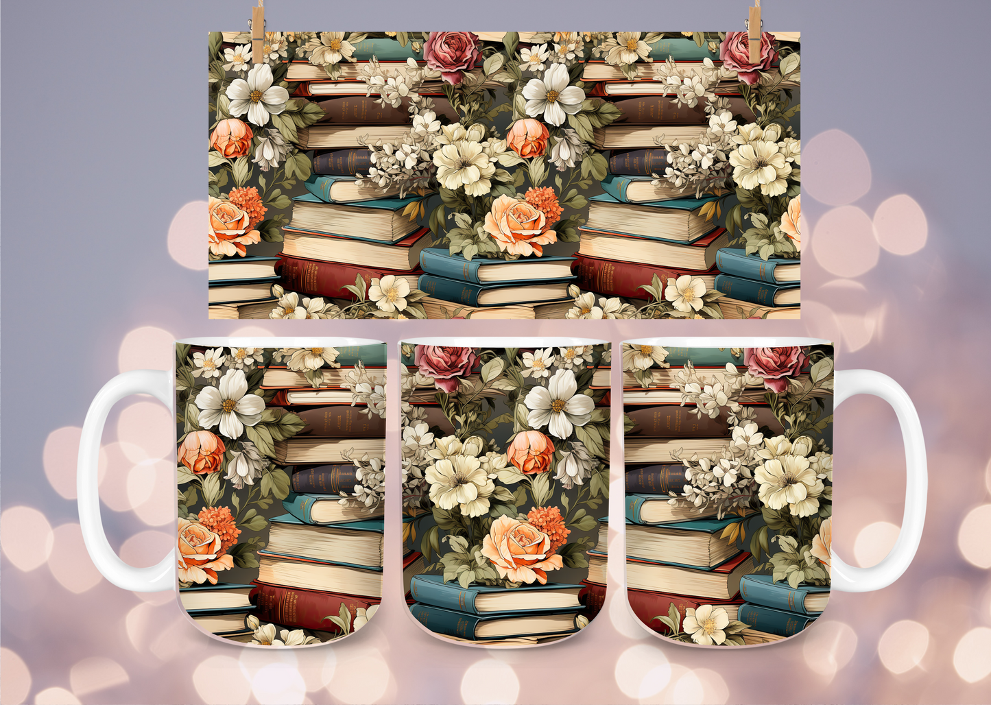 15 oz Colorful book Stacks and Flowers ceramic mug