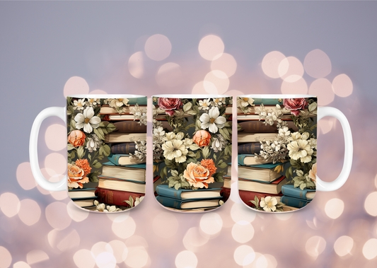 15 oz Colorful book Stacks and Flowers ceramic mug