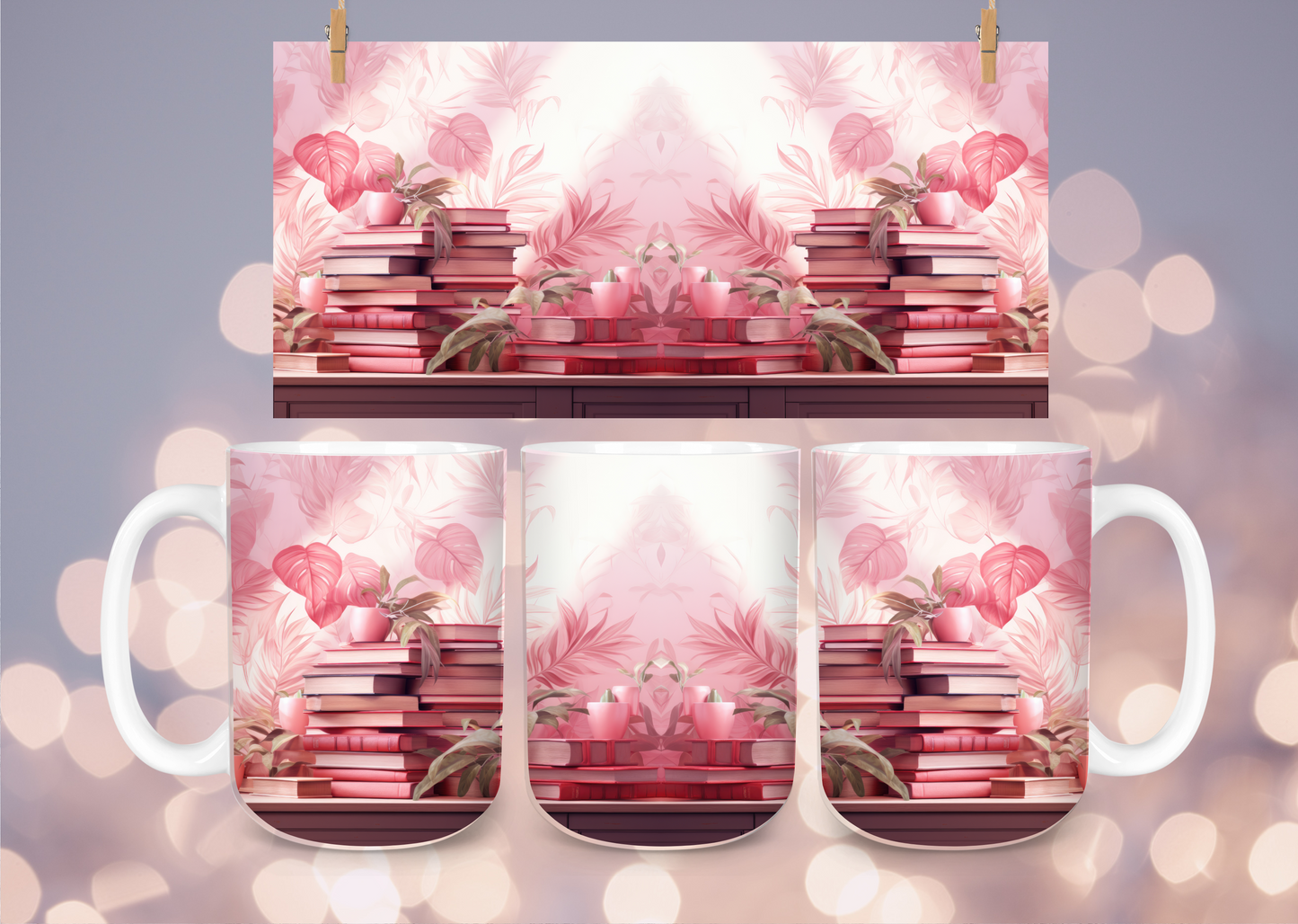 15 oz Pink books and flowers ceramic mug