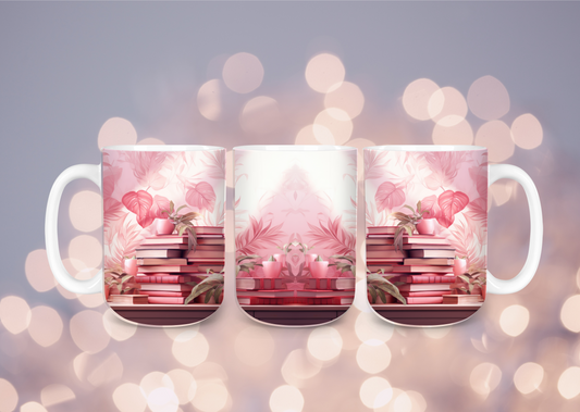 15 oz Pink books and flowers ceramic mug