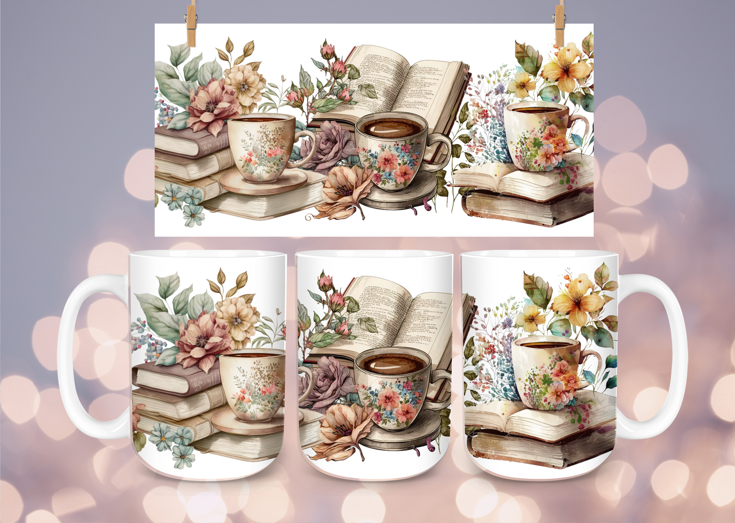 15 oz Tea, books and flower ceramic mug