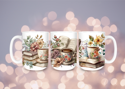 15 oz Tea, books and flower ceramic mug